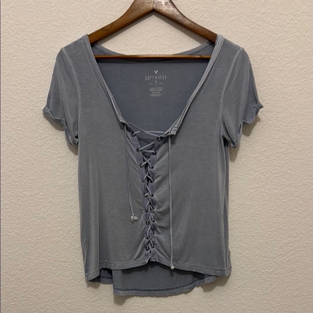 American Eagle Light Blue Tie Front Blouse Short Sleeve Size S